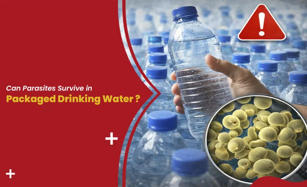 Parasites in bottled water concept with plastic bottles, warning sign, and microscopic parasite close-up