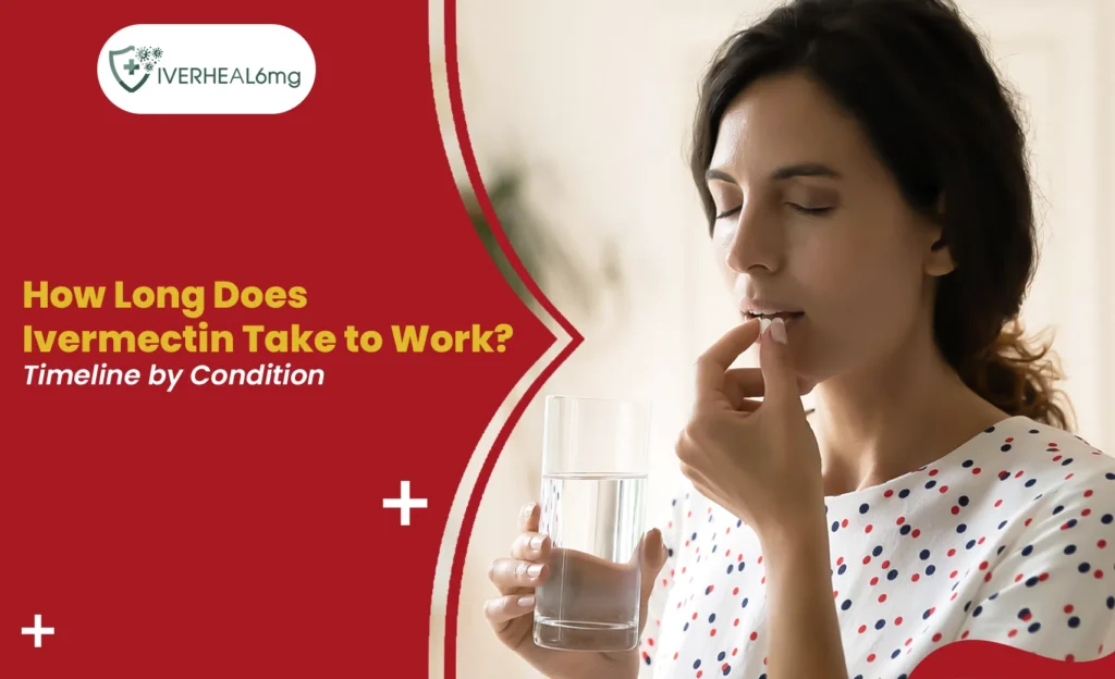 How long does ivermectin take to work timeline showing a woman taking an oral tablet with water