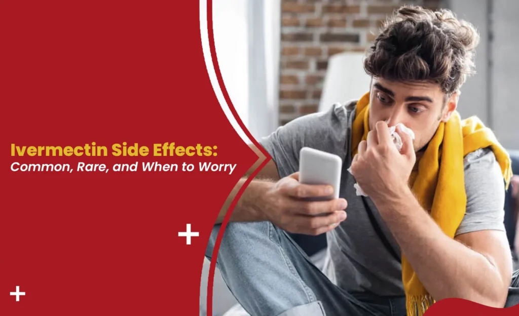 Man checking phone while feeling unwell, illustrating ivermectin side effects and when to worry