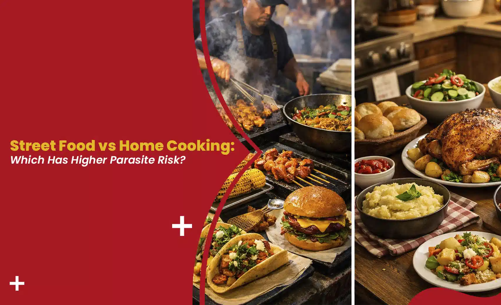 Street food vs home cooking parasite risk shown with grilled street food and a home-cooked meal comparison