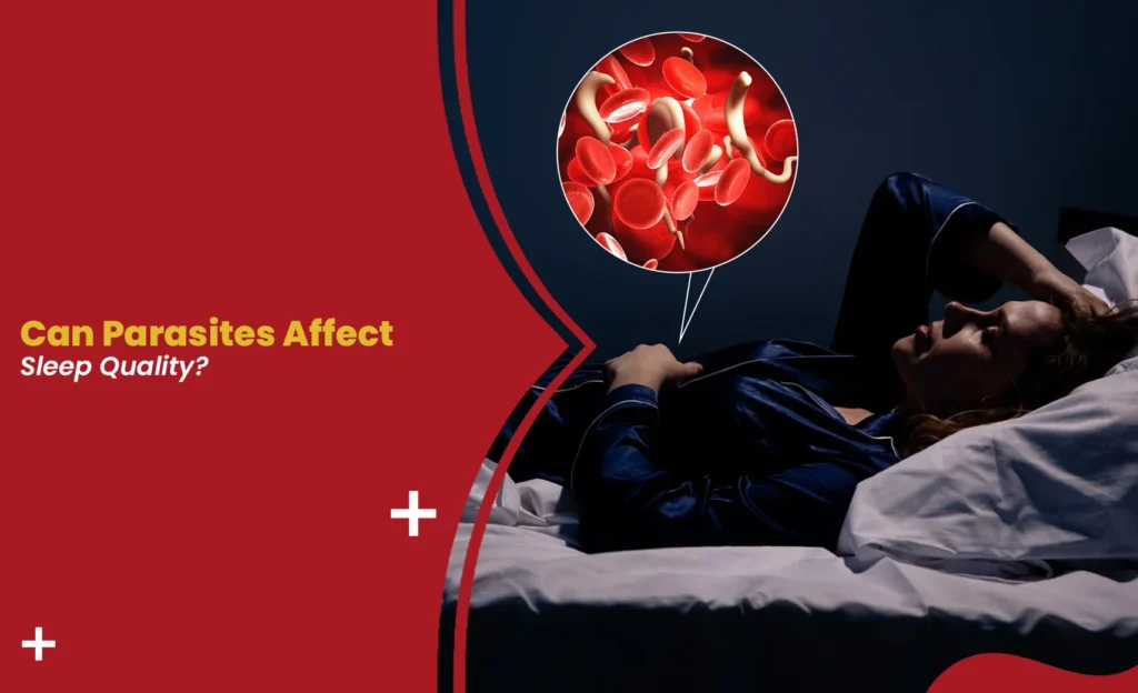 Illustration of parasites in bloodstream disturbing a woman's sleep, showing link to parasites and sleep problems