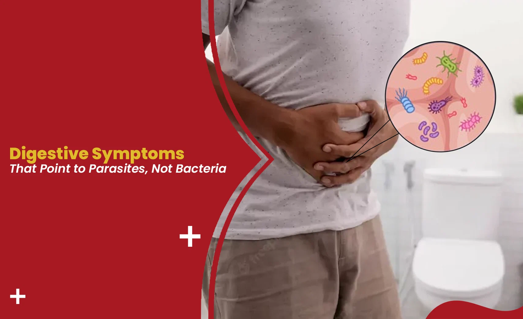 Digestive symptoms of parasites shown with stomach pain and illustration of gut microbes indicating parasite infection