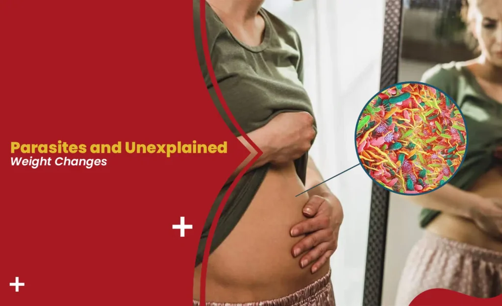 Parasites and unexplained weight changes concept showing bloated stomach with microscopic parasites illustration