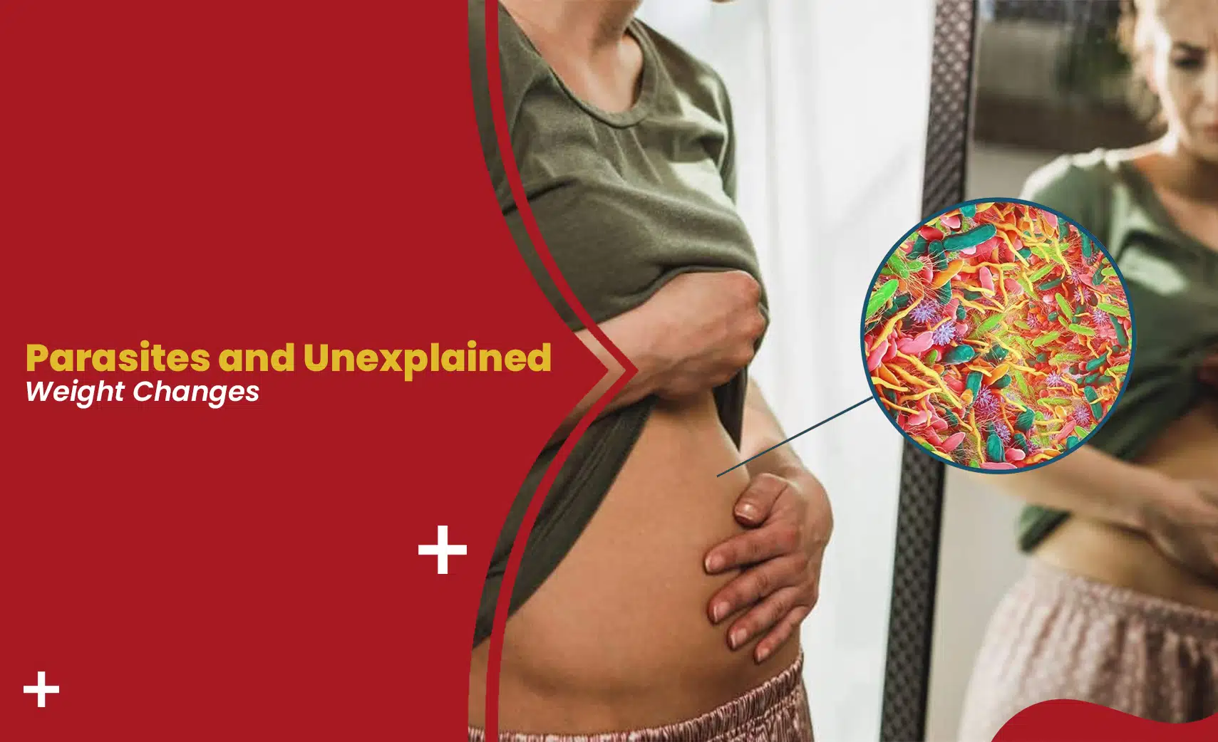 Parasites and unexplained weight changes concept showing bloated stomach with microscopic parasites illustration