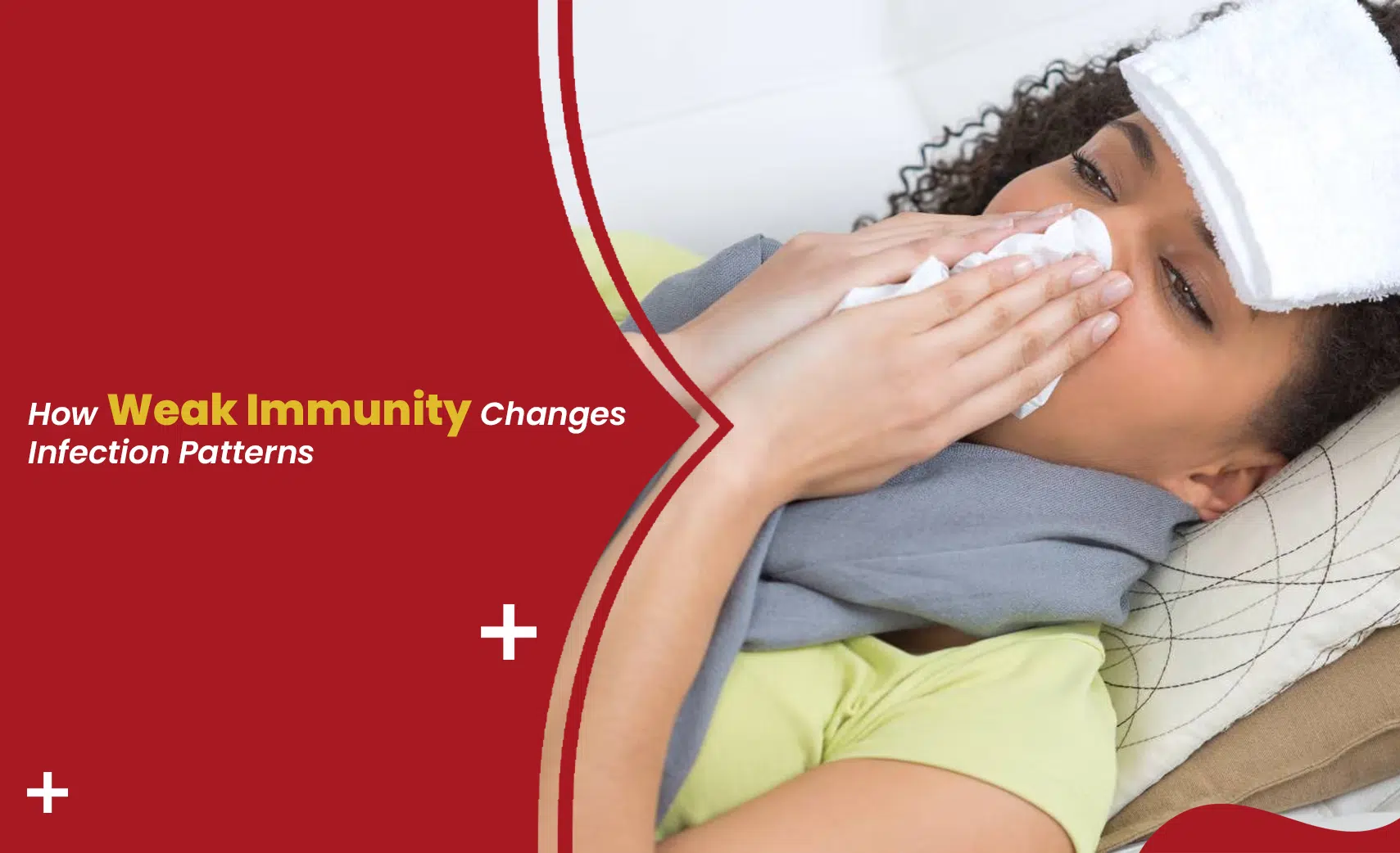 Woman feeling sick in bed showing how weak immunity changes infection patterns and recovery symptoms