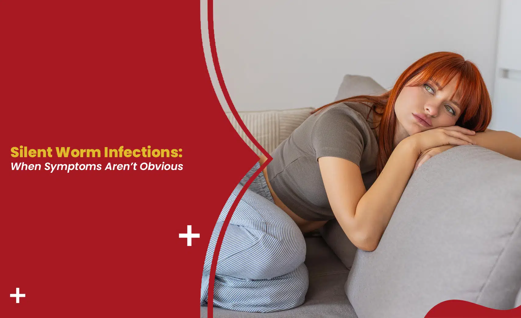 Silent Worm Infections causing fatigue and hidden symptoms in a tired woman resting on a couch