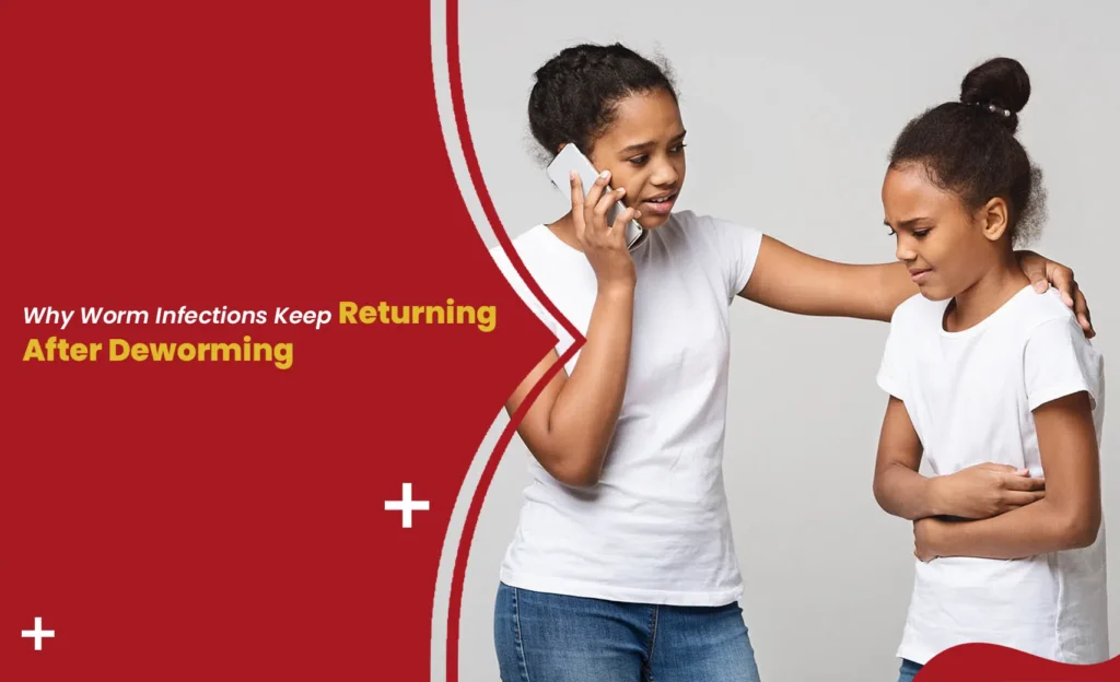 Worm infection awareness image showing two girls discussing recurring worm infection after deworming