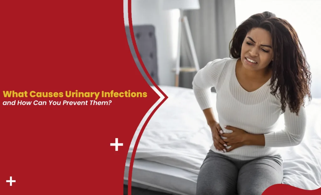Woman holding her stomach in discomfort, illustrating urinary tract infection causes and prevention
