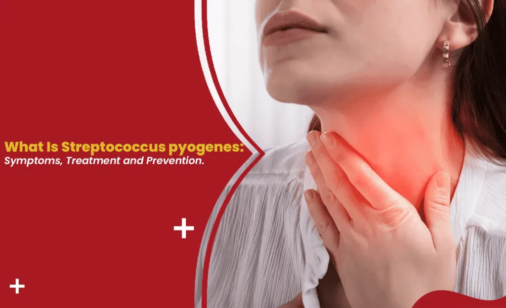 Woman with sore throat holding neck, illustrating need for Streptococcus pyogenes treatment
