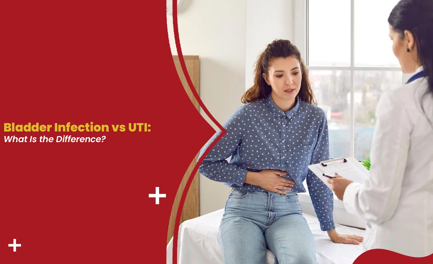 Woman holding her stomach in pain while consulting a doctor about Bladder Infection vs UTI symptoms