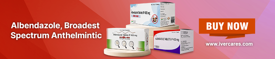 Albendazole 400 mg tablet packs with the headline “Albendazole, Broadest Spectrum Anthelmintic” and a “Buy Now” button.
